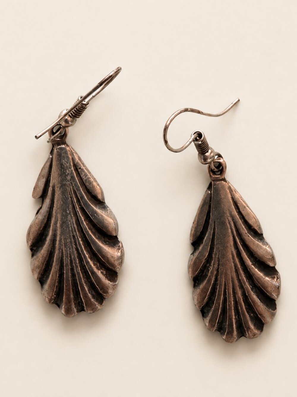 Antique Copper Tone Sculpted Leaf Dangle Earrings Boho